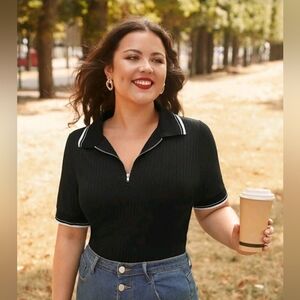 NWT - Black Half Zip Polo Tee | Ribbed Short Sleeve Top, Size 1X